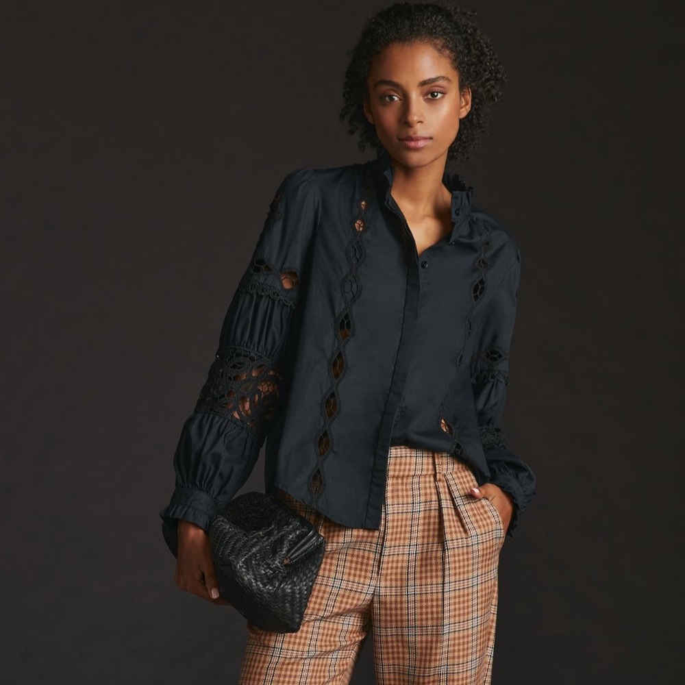 Anthropologie Black Cutwork Peasant Top